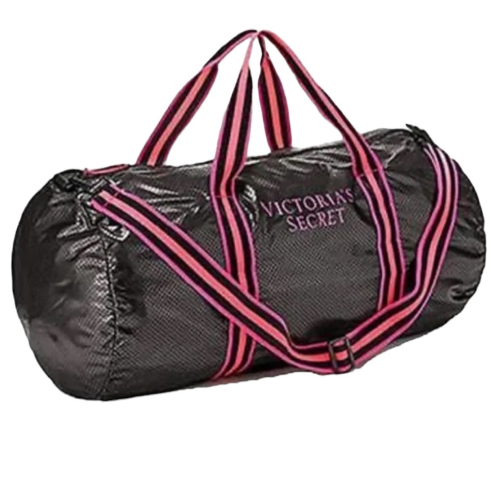 Black Victoria's Secret Gym Travel Duffle Bag w/ pink straps Lightweight Weekend